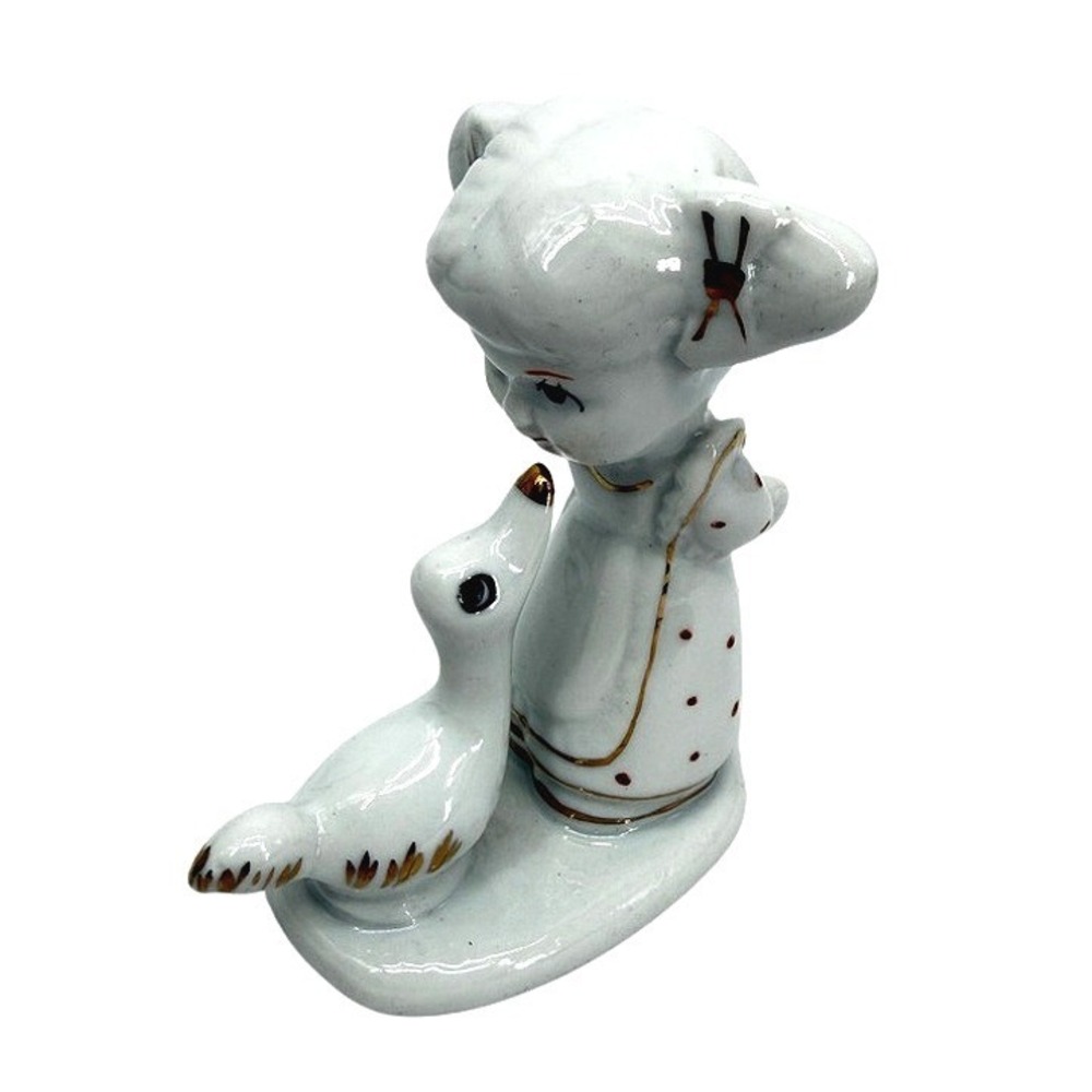 Giftcraft VTG Figurine Girl Kissing Goose Duck Polka Dot Gold Trim Vintage Decor